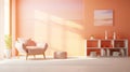 A modern and stylish living room with a warm and inviting ambiance in peach fuzz color 2024
