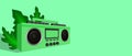 Modern stylish music receiver. Green boombox, audio and music. Retro old realistic 3d object. Vintage tape recorder Royalty Free Stock Photo