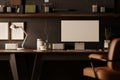 Modern stylish office desk with computer mockup on table against the black wall with black pegboard