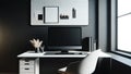 modern and stylish office desk setup, computer mockup on a sleek table against a black wall Royalty Free Stock Photo
