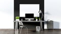 modern and stylish office desk setup, computer mockup on a sleek table against a black wall Royalty Free Stock Photo