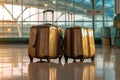 Modern stylish suitcases standing in empty airport hall, unrecognizable traveller\'s luggage Royalty Free Stock Photo