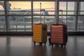 Modern stylish suitcases standing in empty airport hall, unrecognizable traveller\'s luggage Royalty Free Stock Photo