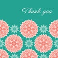 Modern stylized waterlily or dahlia flowers mandalas design in peach and blue with elegant thank you lettering. Vector template