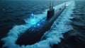 Modern submarine navigates deep blue sea with futuristic digital interface projecting navigation system data. Naval vessel Royalty Free Stock Photo