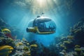modern submersible gliding through stunning underwater landscape with colorful fish
