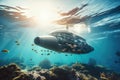 modern submersible gliding through stunning underwater landscape with colorful fish