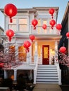 Modern suburban home aglow with the warmth of Lunar New Year lanterns Royalty Free Stock Photo