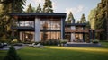 A modern suburban home with large windows, surrounded by a lush green lawn.