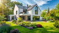 Modern suburban home, lush garden, eyelevel view, clear daylight , clean sharp focus Royalty Free Stock Photo