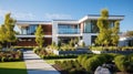 A modern suburban house with a well-manicured garden and a clear blue sky overhead.