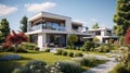 A modern suburban house with a well-manicured garden and a clear blue sky overhead.