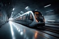 Modern subway train speeding through underground tunnel at night Royalty Free Stock Photo