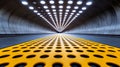 Modern Subway Tunnel with Illuminated Ceiling, Symmetrical Architecture, and Yellow Safety Lines.