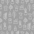 Modern succulent sketch seamless pattern. Succulent, leaf, plant, cactus white lines on grey background. Hand drawn vector