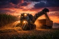 Modern Sugarcane Harvester Working in Field at Sunset AI-GENERATED Royalty Free Stock Photo