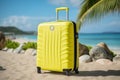 Modern suitcase with wheels on beach, travel and adventure design with space for text