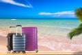 Modern suitcases baggage for travelling or business trip on wooden floor against amazing beach ocean coast background with palm