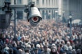 Modern sulveillance camera mounted high scanning crowded city square. Generative AI illustration