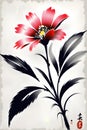 Simple red flower plant in modern Sumi-E art