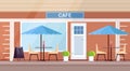 Modern summer cafe shop exterior empty no people street restaurant terrace outdoor cafeteria flat horizontal Royalty Free Stock Photo