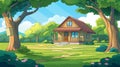 Modern summer landscape of wooden village, cottage, or farmhouse with porch, green lawn, big trees and sun light in Royalty Free Stock Photo