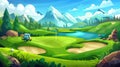 Modern summer or spring sunny day landscape with cart near hole with flag on golfcourse. Lawn with greenery and sport