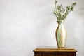 Modern summer still life photo. vase with green olive tree branch on wood table near gray wall background. Royalty Free Stock Photo