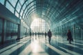 Modern sunlit open space glass hall with blurred business people. People walk through a modern glass building. Generative AI Royalty Free Stock Photo