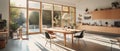 Modern sunny home workplace interior with natural materials