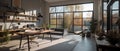 Modern sunny home workplace interior with natural materials