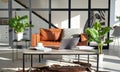 Modern sunny living room interior design with home office workplace and sofa.