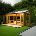 Modern Sunroom or conservatory extending into the garden, surrounded by a block paved patio Royalty Free Stock Photo