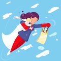 Modern super hero mother flying sky clowds child in hand character flat design vector illustration Royalty Free Stock Photo