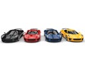 Modern super sports cars - black, red, blue and yellow - front view