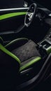 Modern green supercar interior with the leather panel, sport seats, multimedia, and digital dashboard. View from the Royalty Free Stock Photo