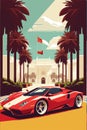 Modern supercar minimalist retro poster, car in front of a villa, hotel with palm trees