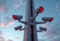 A modern surveillance tower with multiple security cameras and red lights Royalty Free Stock Photo