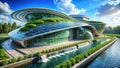 Modern sustainable architectural design featuring cascading water feature and lush greenery. Generative AI Royalty Free Stock Photo