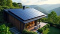 Modern sustainable home nestled in tranquil hillside landscape, featuring solar panels and energy efficient design elements, Royalty Free Stock Photo
