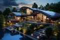 A modern sustainable home with solar panels and extensive glazing overlooks a reflective pool during twilight. Save planet concept Royalty Free Stock Photo