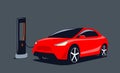 Modern SUV electric car is charging at the charge station. Ecological transport. Vector illustration