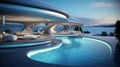 modern swimming pool with futuristic lounge rooms
