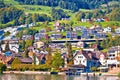 Modern Swiss lakeside village waterfront view