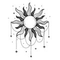 Modern symbol of the sun with jewelry, stylized drawing, engraving. Vintage mystical design in boho style, logo, tattoo