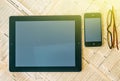 Modern Tablet computer with blank white screen above the Financial Times magazine Royalty Free Stock Photo