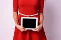 Modern tablet. Hands girl. White background