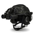 Black tactical millitary head gear with mounted binoculars placed against a gradient white background Royalty Free Stock Photo