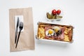 Modern takeaway meal, fast food and delicious lunch delivery to office or home