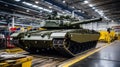 Modern tank inside warehouse of factory, armored vehicle stored in military plant. Interior of industrial hangar. Concept of